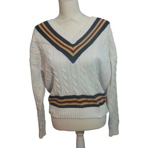 Brooks Brothers Sweater Unisex M White Striped Tennis Cricket V Neck Cable Knit